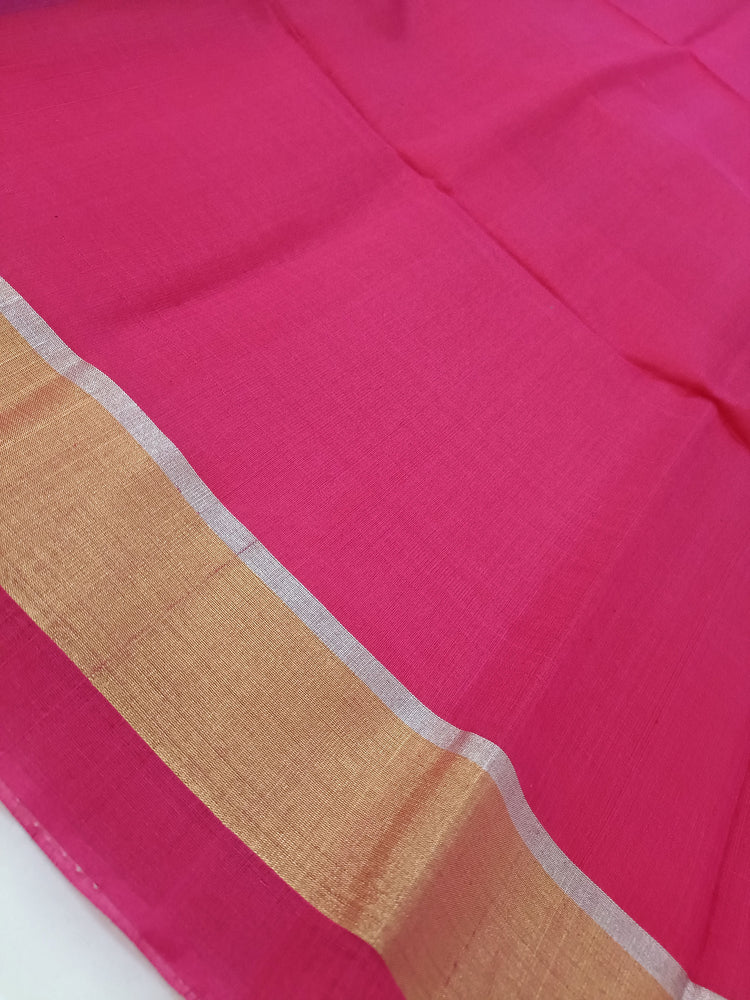 Pure Silk by Cotton Blue Saree with Zari Motifs and Peacock on Pink Pallu