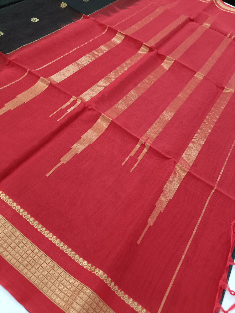 Pure Silk by Cotton Black Saree with Floral Motifs and Maroon and Golden Pallu