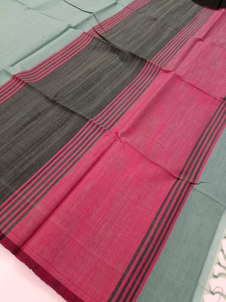 Pure Silk by Cotton Turquoise Saree with Black and Pink Embroidered Border and Pallu