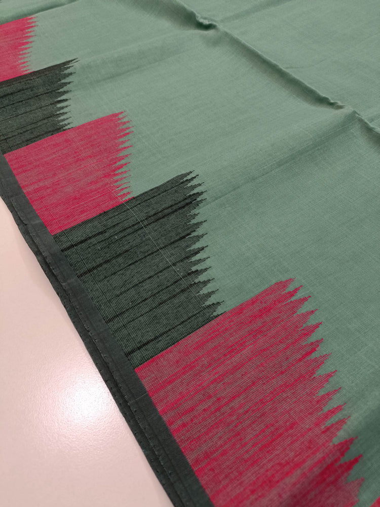 Pure Silk by Cotton Turquoise Saree with Black and Pink Embroidered Border and Pallu