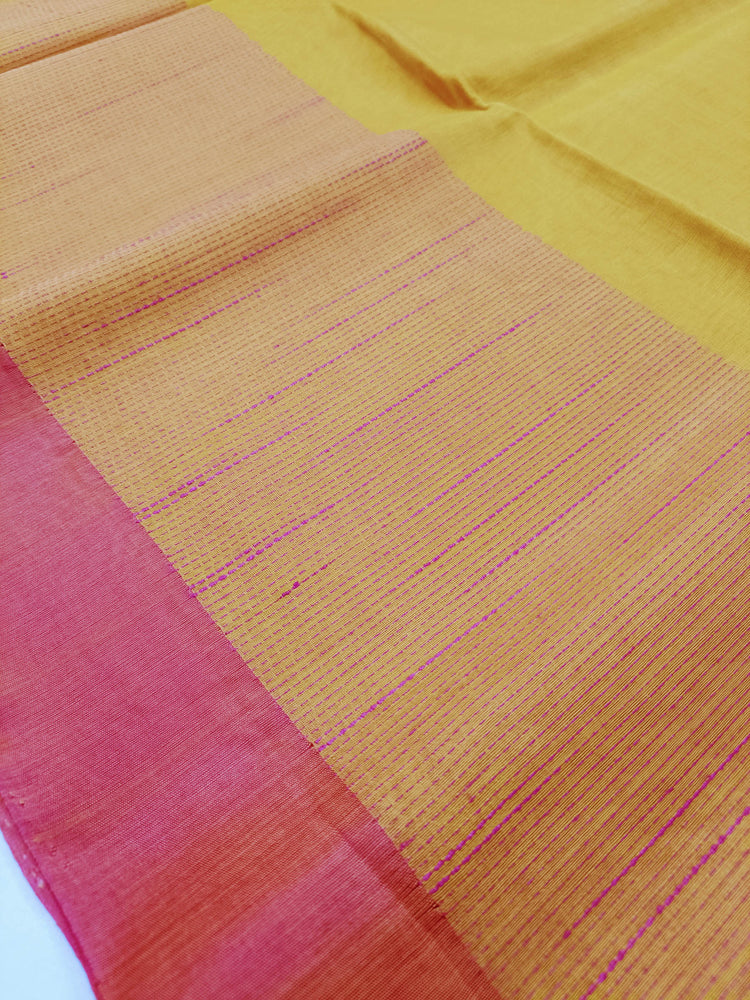 Pure Silk by Cotton Mango Yellow Saree with Pink Embroidered Border and Pallu