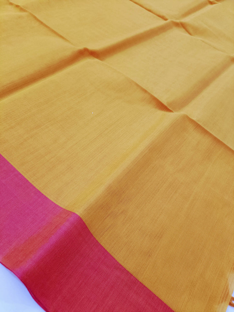 Pure Silk by Cotton Mango Yellow Saree with Pink Embroidered Border and Pallu