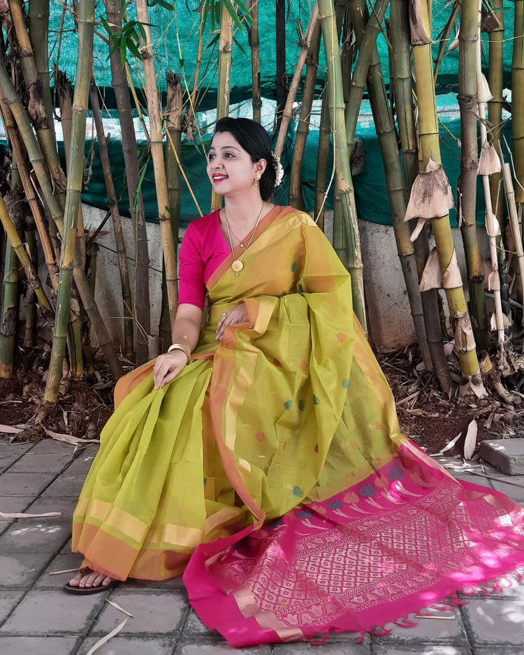 Party Wear, Traditional Green, Pink and Majenta color Kanjeevaram Silk,  Silk fabric Saree : 1885515