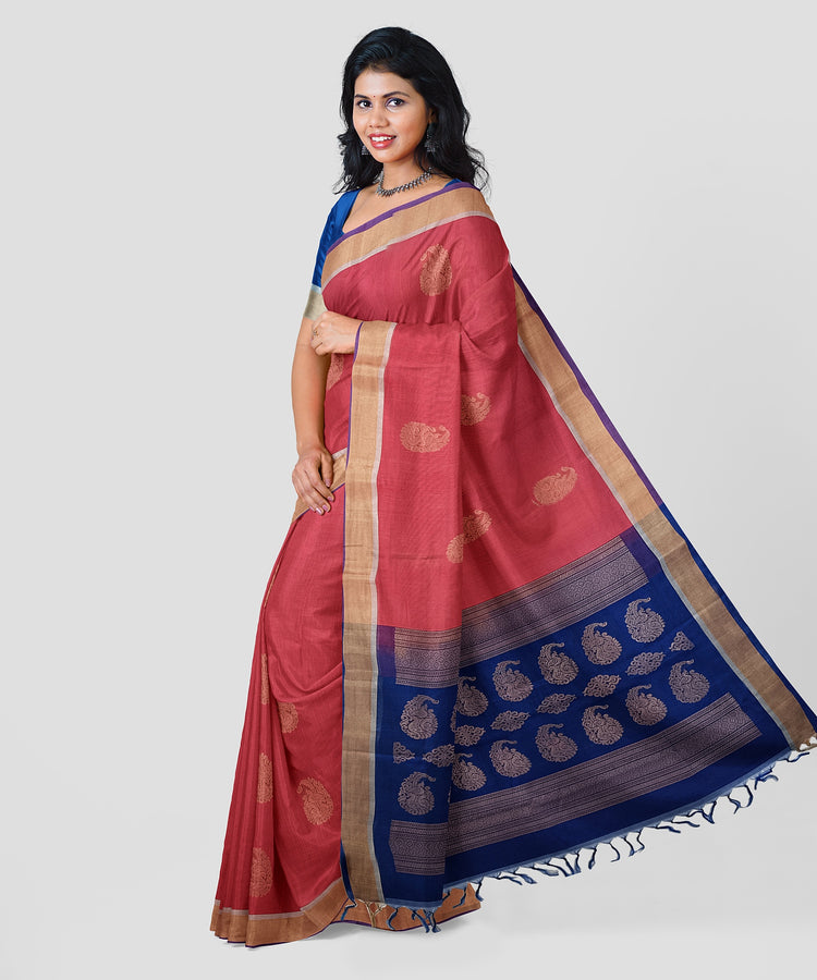 Pure Silk by Cotton Pink Saree with Peacock Motifs and Blue Pallu