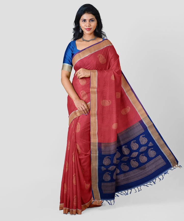 Pure Silk by Cotton Pink Saree with Peacock Motifs and Blue Pallu