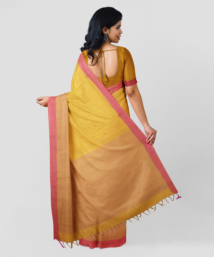 Pure Silk by Cotton Mango Yellow Saree with Pink Embroidered Border and Pallu