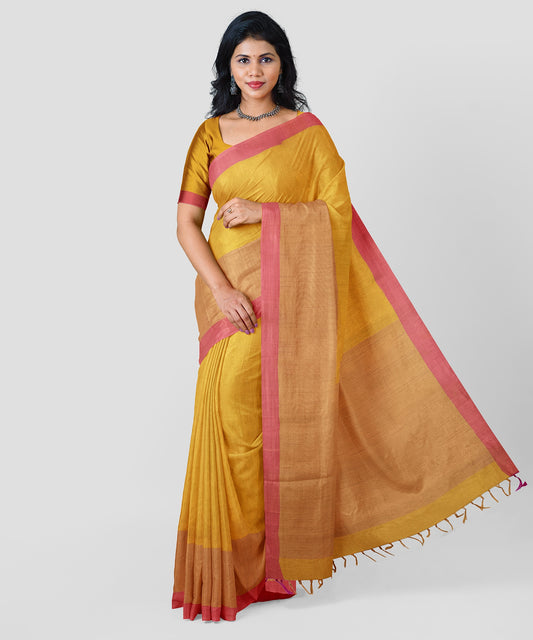 Pure Silk by Cotton Mango Yellow Saree with Pink Embroidered Border and Pallu