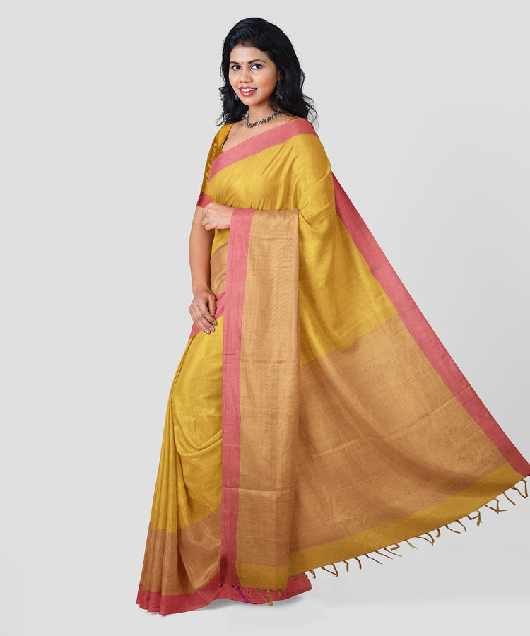 Pure Silk by Cotton Mango Yellow Saree with Pink Embroidered Border and Pallu