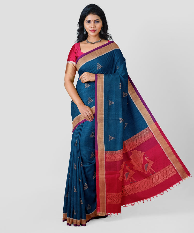 Pure Silk by Cotton Blue Saree with Zari Motifs and Peacock on Pink Pallu