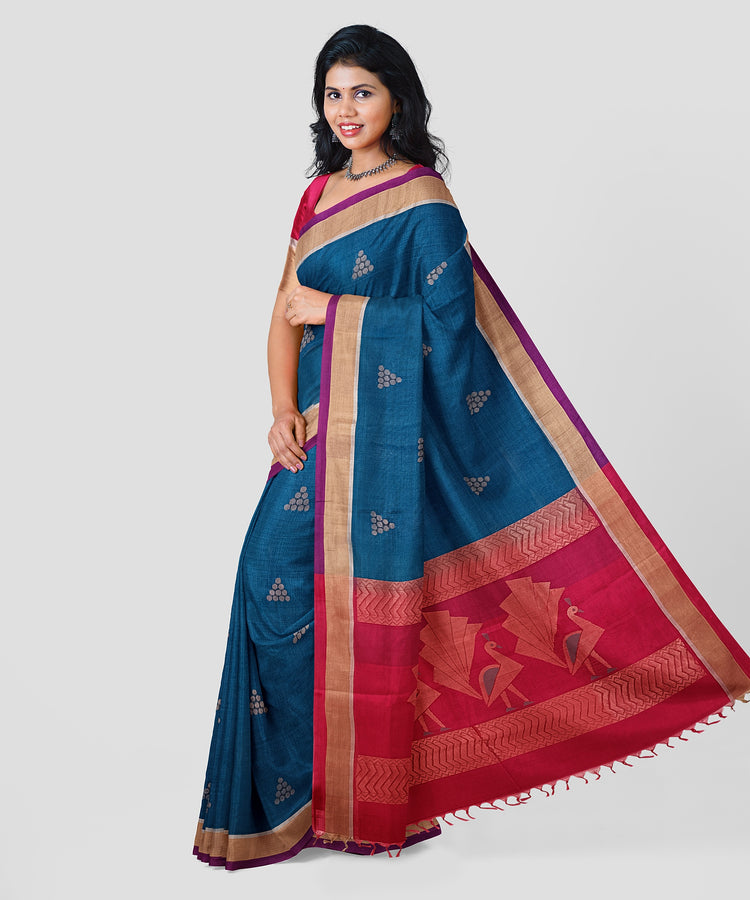 Pure Silk by Cotton Blue Saree with Zari Motifs and Peacock on Pink Pallu