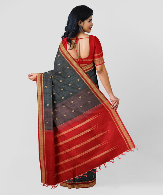 Pure Silk by Cotton Grey Saree with Floral Motifs and Maroon and Golden Pallu