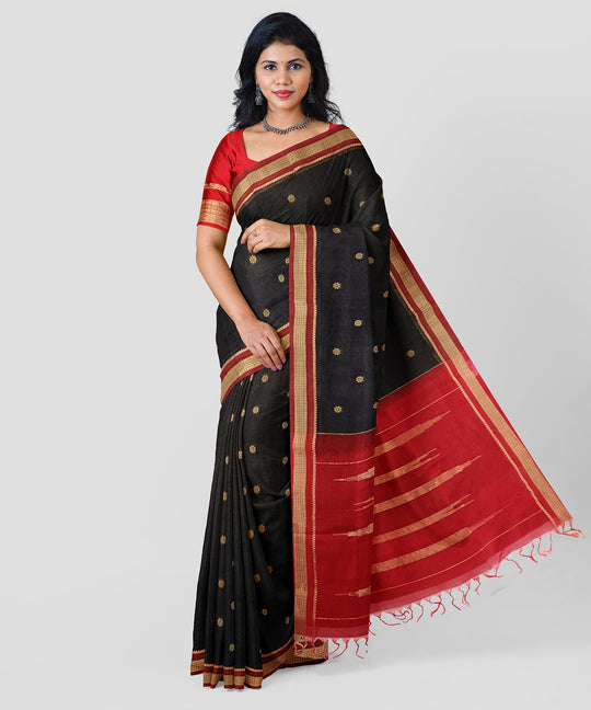 Pure Silk by Cotton Black Saree with Floral Motifs and Maroon and Golden Pallu