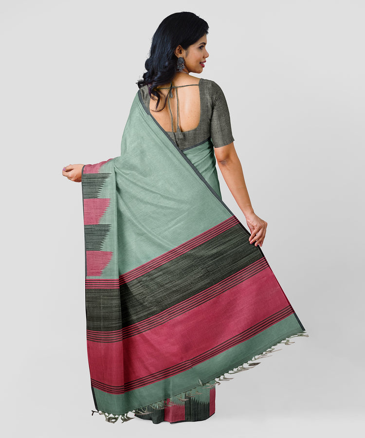 Pure Silk by Cotton Turquoise Saree with Black and Pink Embroidered Border and Pallu