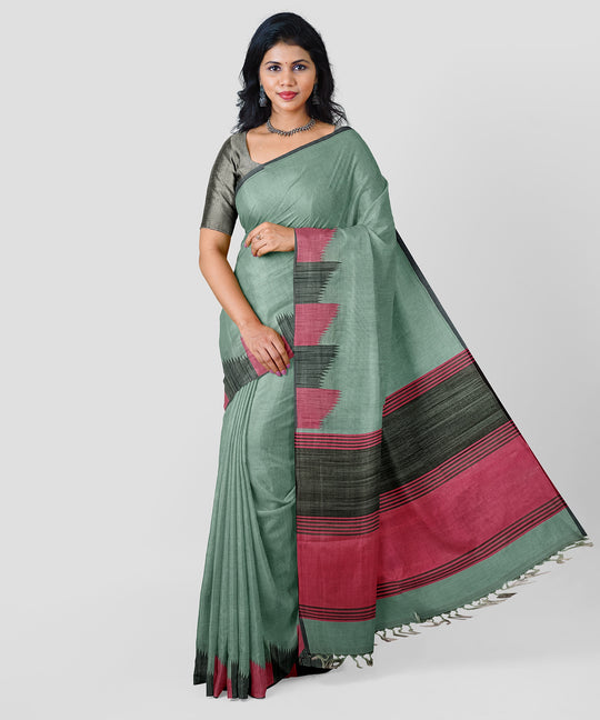 Pure Silk by Cotton Turquoise Saree with Black and Pink Embroidered Border and Pallu