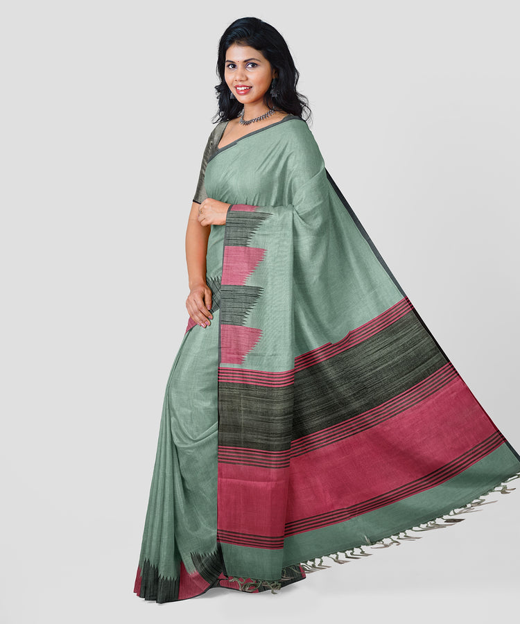 Pure Silk by Cotton Turquoise Saree with Black and Pink Embroidered Border and Pallu