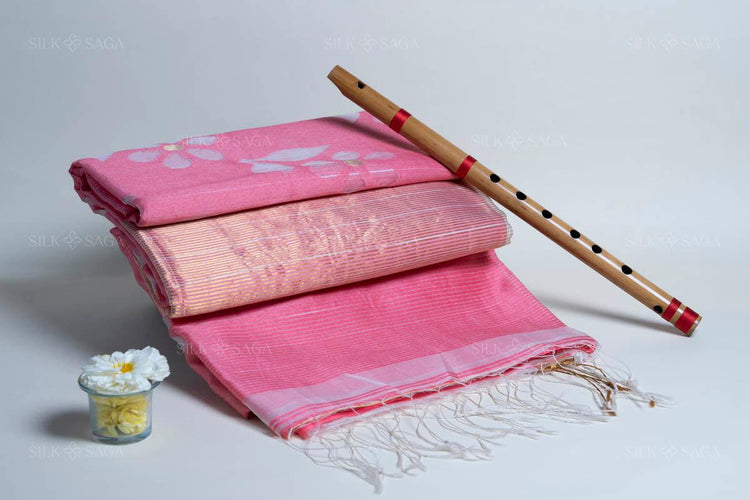 Pure Muslin Silk Pink Saree with Overall Resham and Cutwork - Silksaga Studio