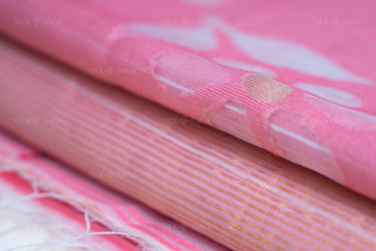 Pure Muslin Silk Pink Saree with Overall Resham and Cutwork - Silksaga Studio