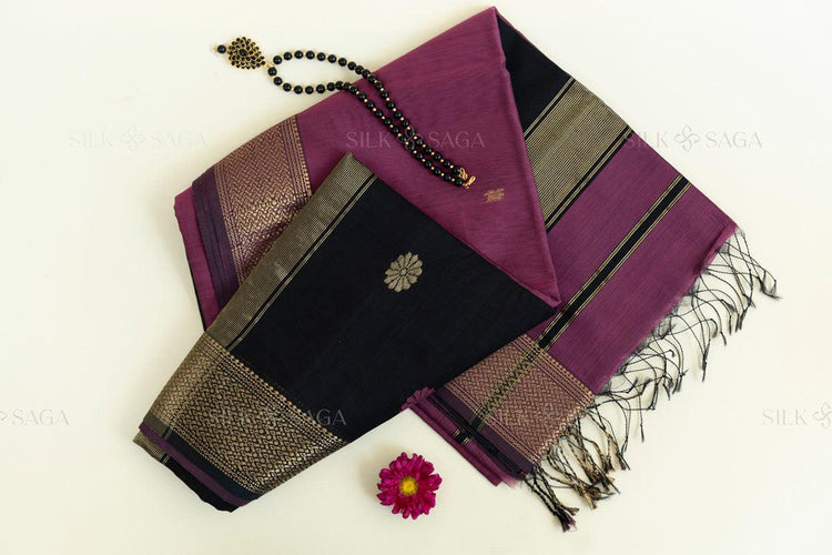 Pure Silk by Cotton Maheshwari Magenta Saree with Black Pallu - Silksaga Studio