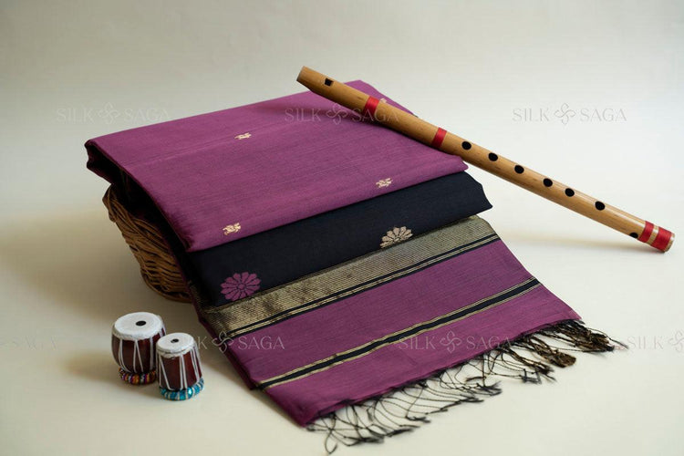 Pure Silk by Cotton Maheshwari Magenta Saree with Black Pallu - Silksaga Studio