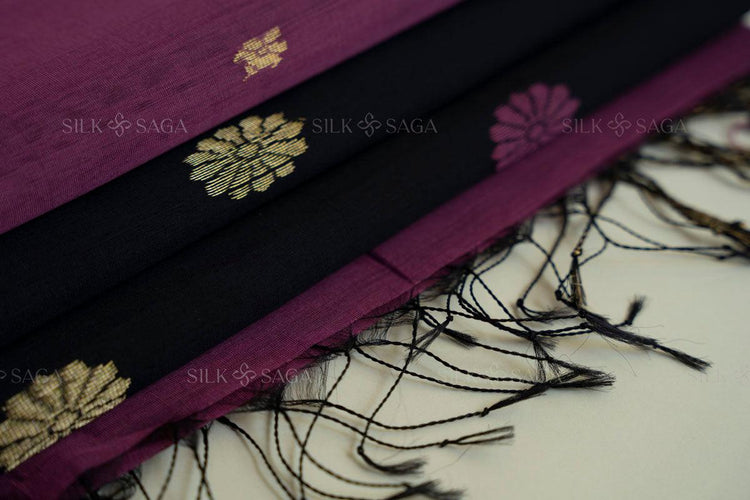 Pure Silk by Cotton Maheshwari Magenta Saree with Black Pallu - Silksaga Studio