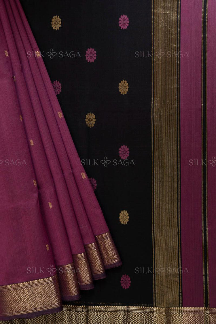 Pure Silk by Cotton Maheshwari Magenta Saree with Black Pallu - Silksaga Studio