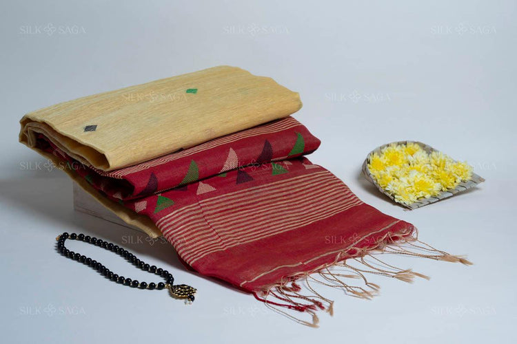 Pure Makhlin Silk Butter Yellow Saree with Needle Hand Work - Silksaga Studio