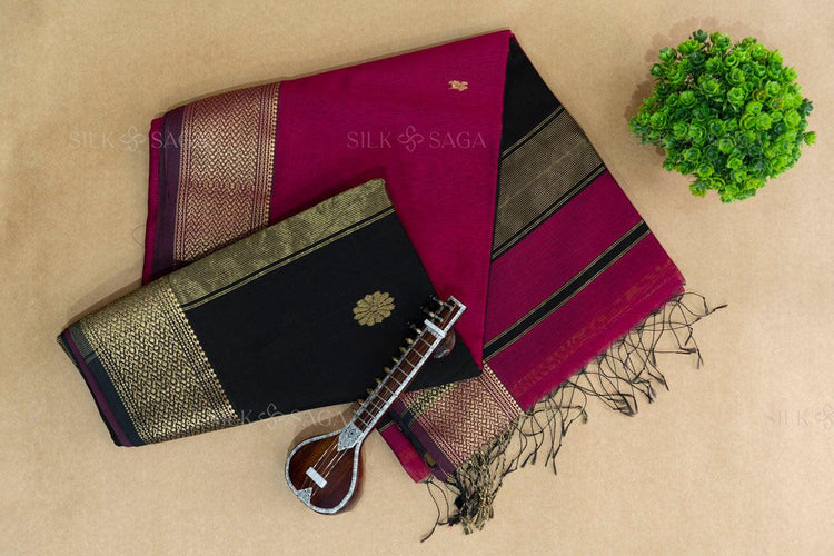 Pure Silk by Cotton Maheshwari Dark Pink Saree with Black Pallu - Silksaga Studio