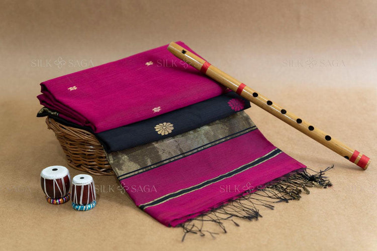 Pure Silk by Cotton Maheshwari Dark Pink Saree with Black Pallu - Silksaga Studio