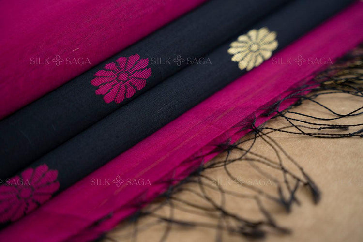 Pure Silk by Cotton Maheshwari Dark Pink Saree with Black Pallu - Silksaga Studio