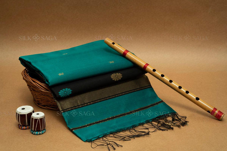 Pure Silk by Cotton Maheshwari Jade Green Saree with Black Pallu - Silksaga Studio