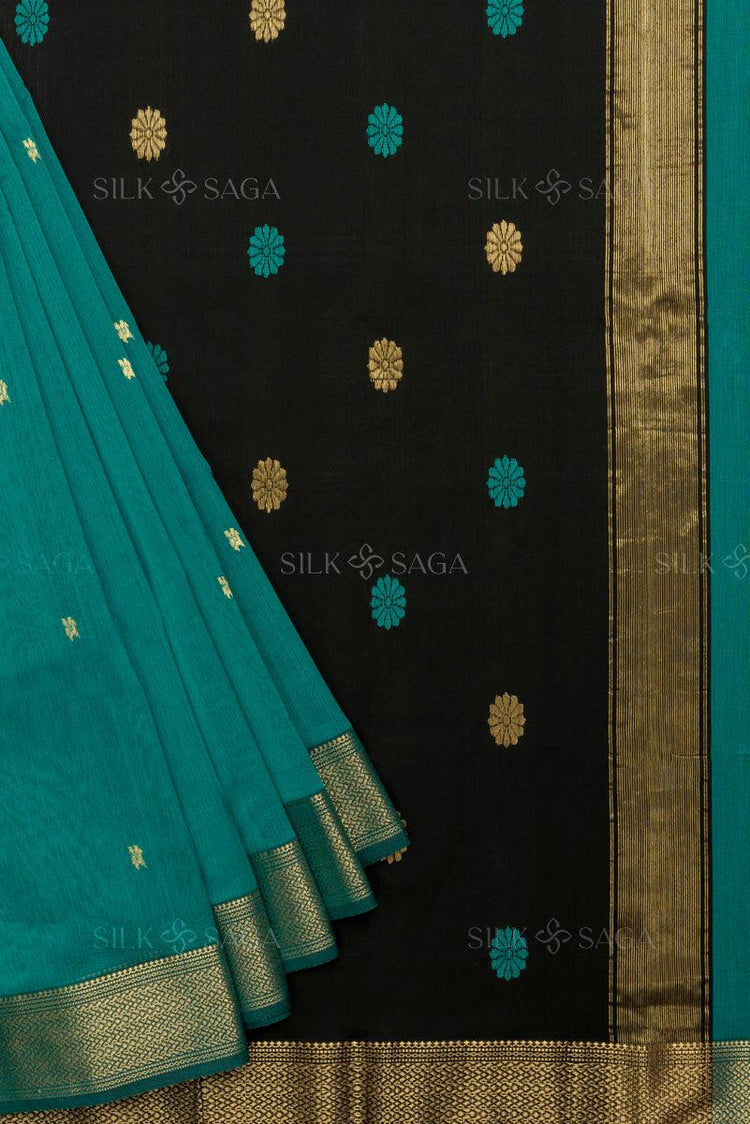 Pure Silk by Cotton Maheshwari Jade Green Saree with Black Pallu - Silksaga Studio