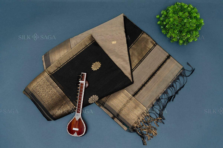 Pure Silk by Cotton Maheshwari Beige Saree with Black Pallu