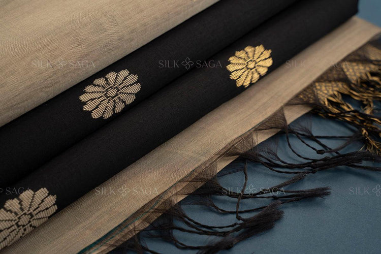 Pure Silk by Cotton Maheshwari Beige Saree with Black Pallu