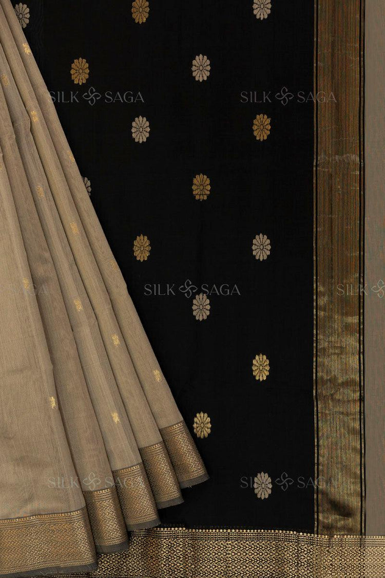 Pure Silk by Cotton Maheshwari Beige Saree with Black Pallu