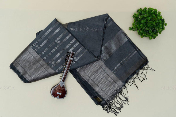 Pure Maheshwari Silk by Cotton Handloom Saree with Silver Zari Border - Silksaga Studio