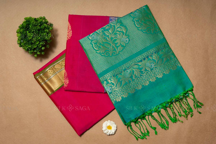 Pure Soft Silk Dark Pink Saree with Dual Tone Green Pallu - Silksaga Studio