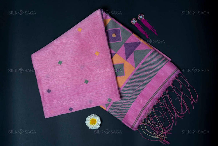 Pure Makhlin Silk Pink Saree with Needle Hand Work - Silksaga Studio