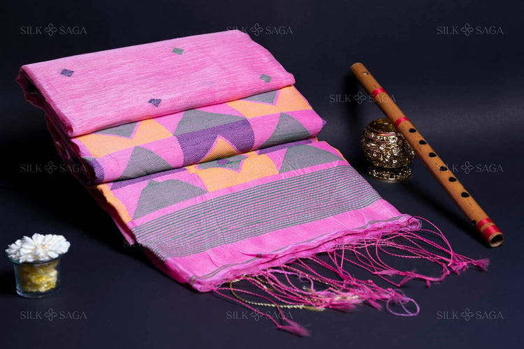 Pure Makhlin Silk Pink Saree with Needle Hand Work - Silksaga Studio