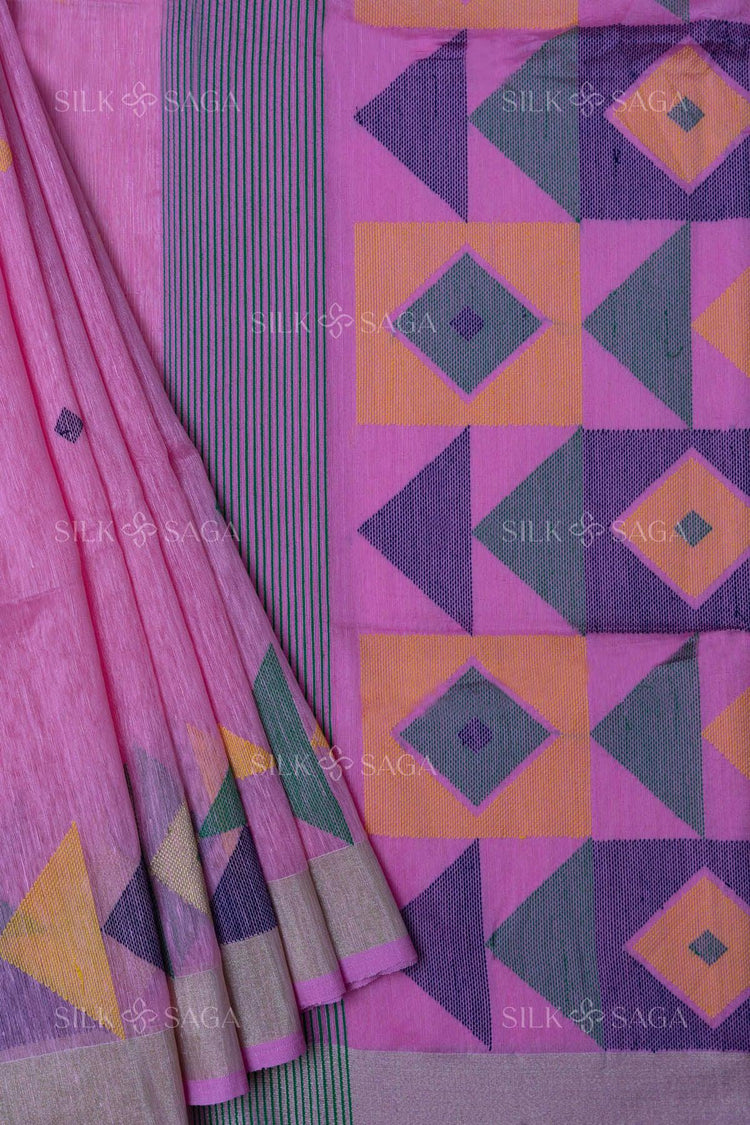 Pure Makhlin Silk Pink Saree with Needle Hand Work - Silksaga Studio