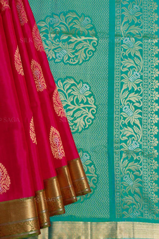 Pure Soft Silk Dark Pink Saree with Dual Tone Green Pallu - Silksaga Studio