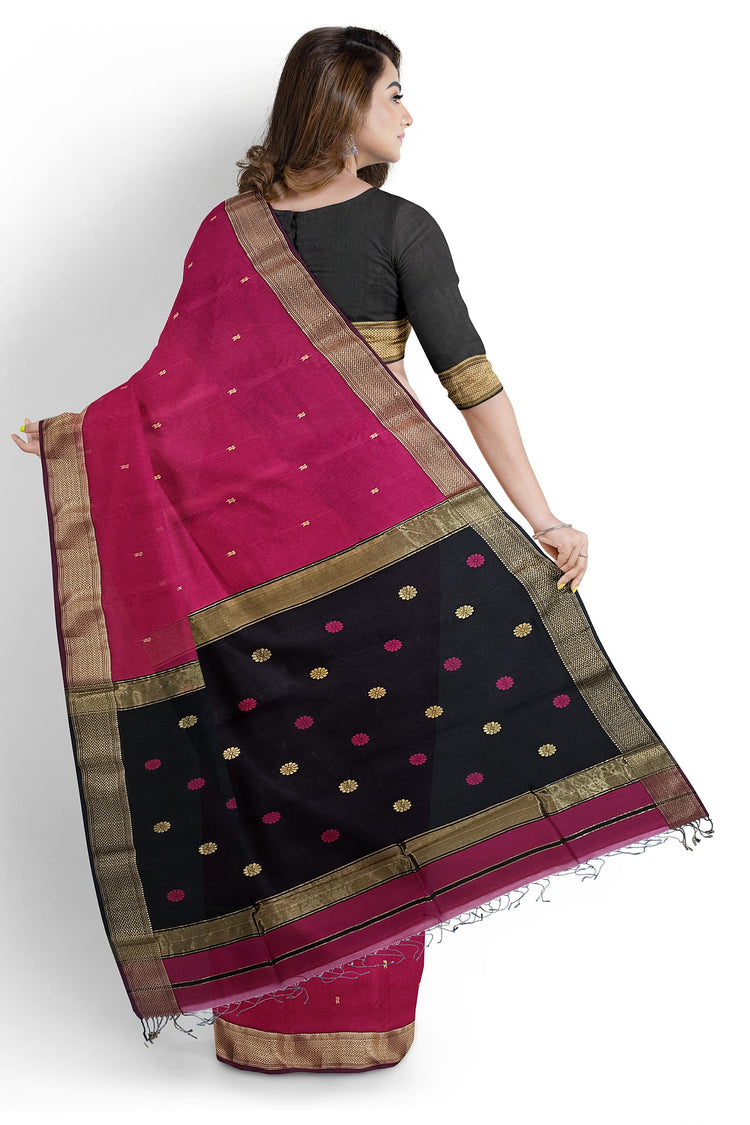 Black-Pink Pure Katan Silk Banarasi Kadiyal Handloom Saree - Tilfi