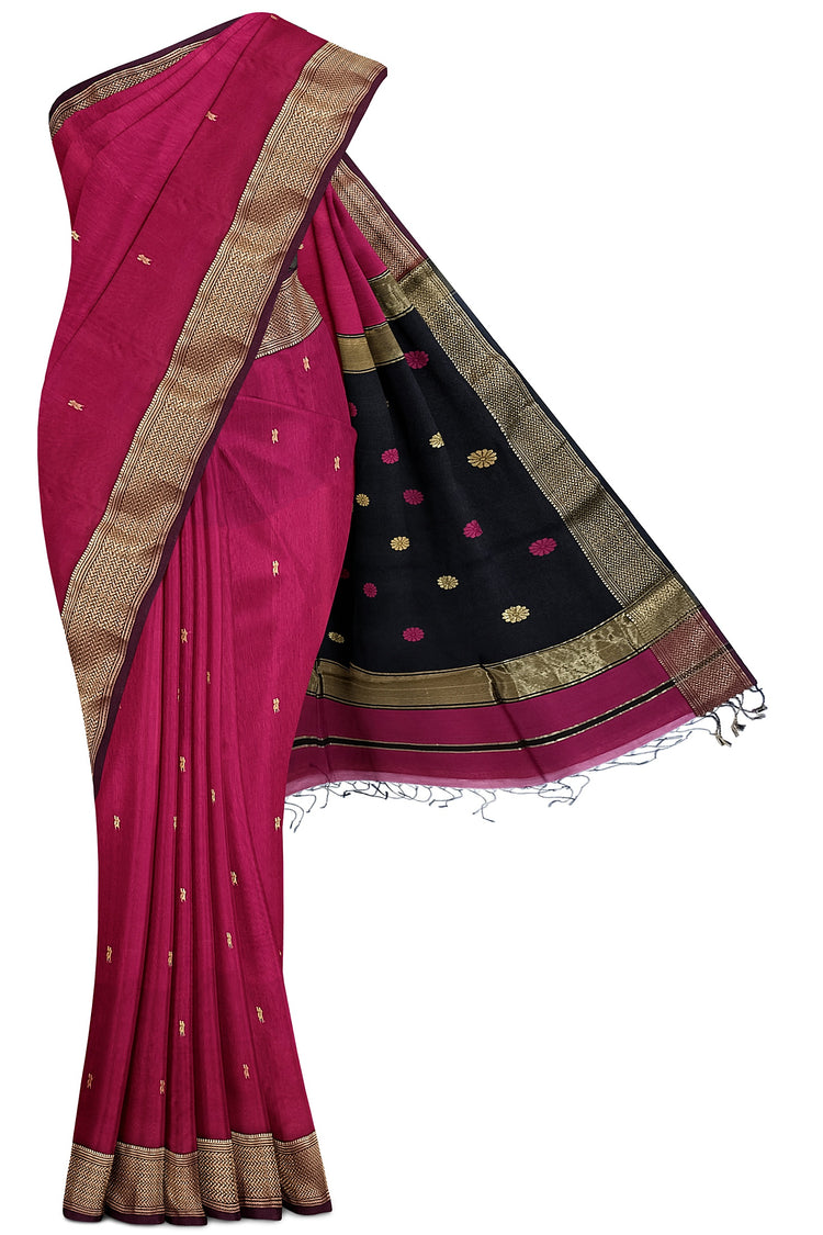 Pure Silk by Cotton Maheshwari Dark Pink Saree with Black Pallu & Narmada Leher Zari Border