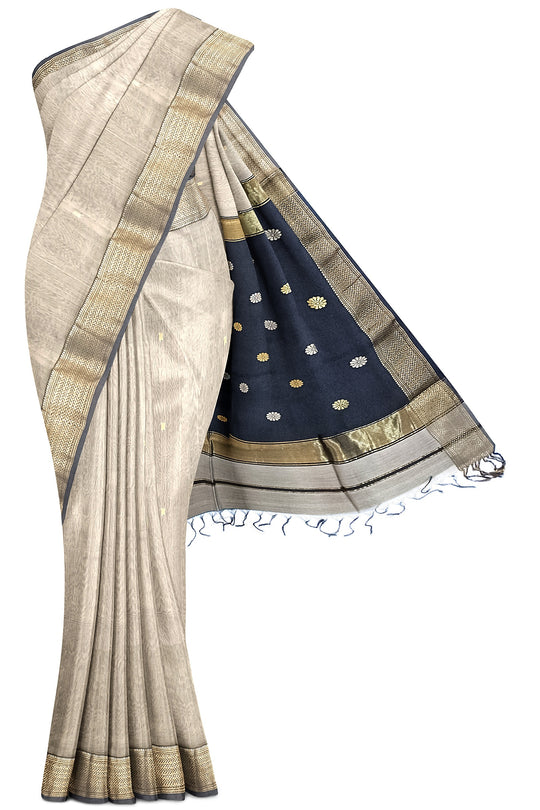Pure Silk by Cotton Maheshwari Beige Saree with Black Pallu & Golden Zari Narmada Leher Border