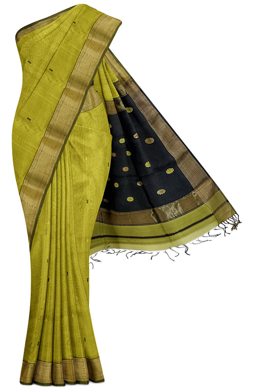 Pure Silk by Cotton Maheshwari Pear Green Saree with Black Pallu & Golden Zari Narmada Leher Border