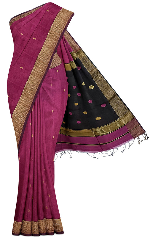 Pure Silk by Cotton Maheshwari Magenta Saree with Black Pallu & Golden Zari Narmada Leher Border