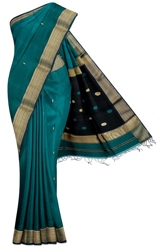 Pure Silk by Cotton Maheshwari Jade Green Saree with Black Pallu & Golden Zari Narmada Leher Border