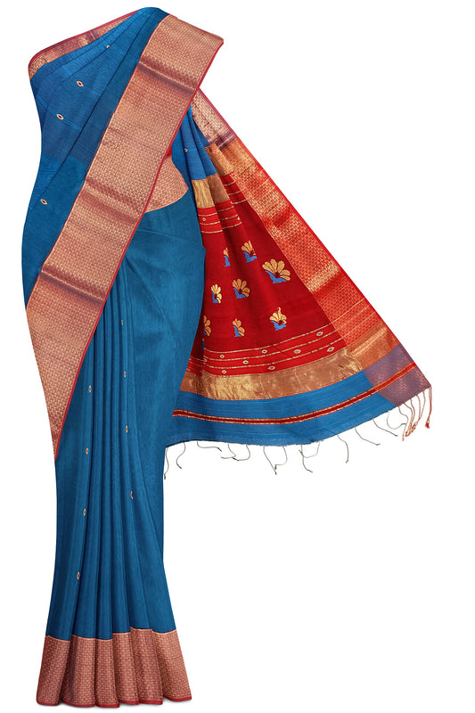 Pure Silk by Cotton Royal Blue Maheshwari Saree with Brick Red Pallu & Narmada Leher Zari Border