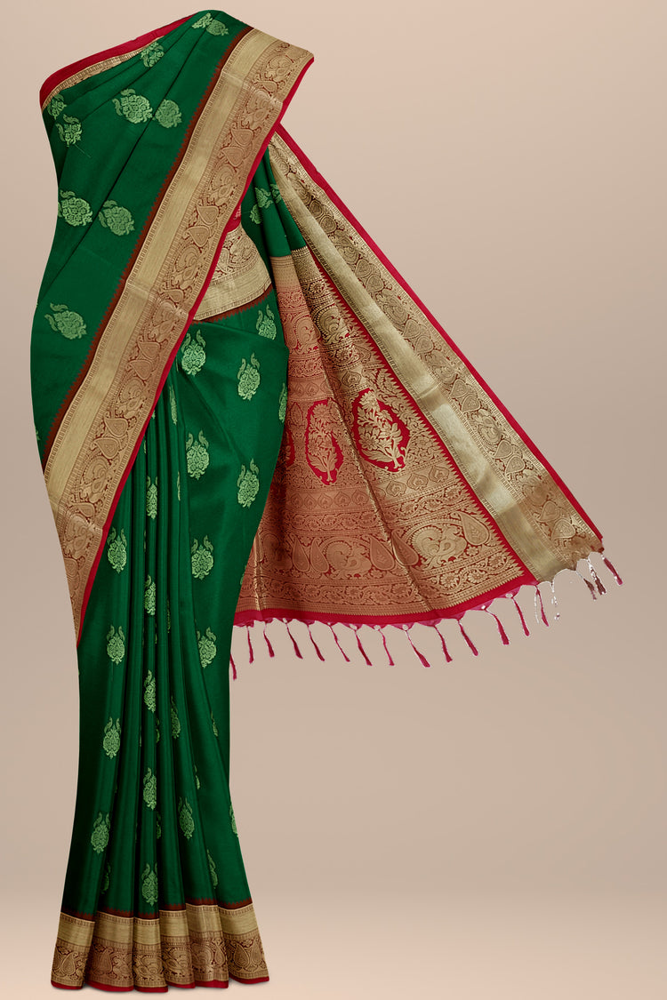 Bottle Green Art Silk Saree with Zari Motifs and Zari Work on Dark Red Pallu