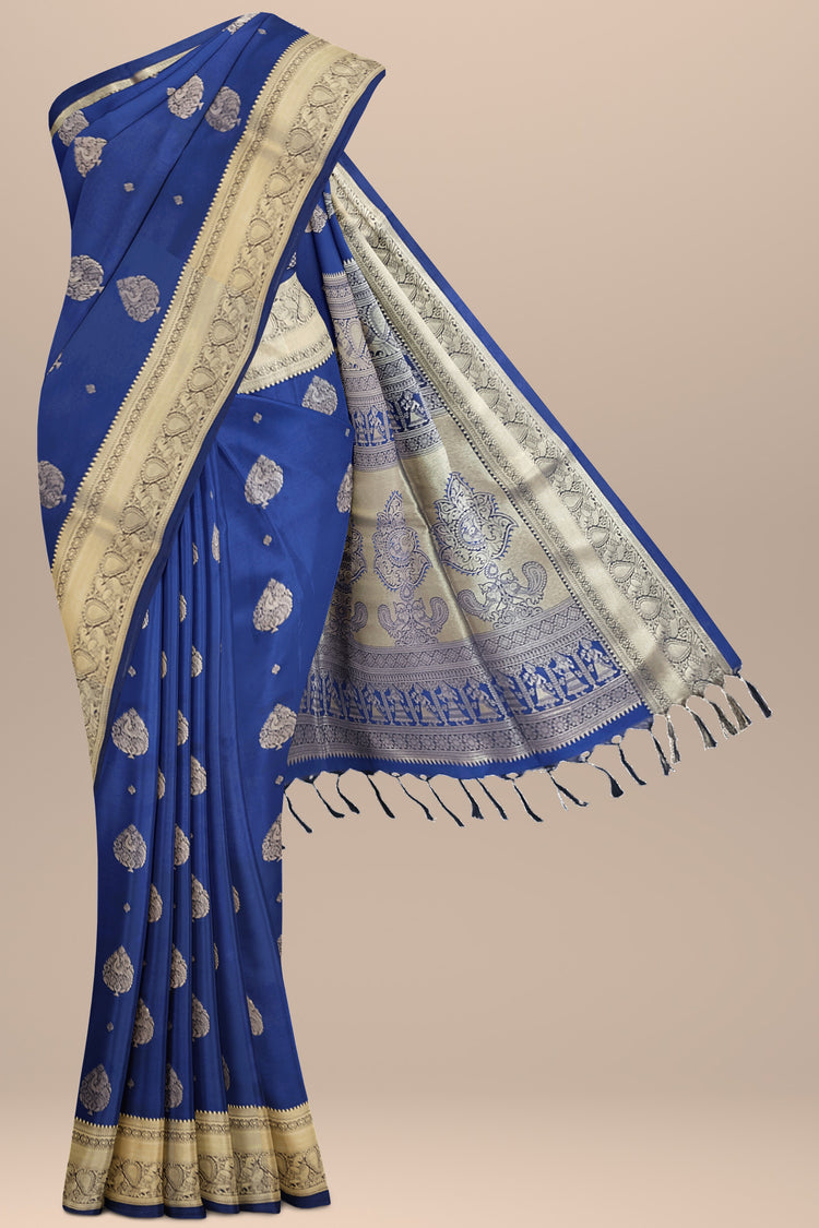 Navy Blue Art Silk Saree with Golden Zari Motifs and Rich Golden Zari Border and Pallu