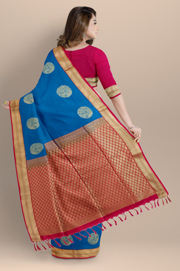Royal Blue Art Silk Saree with Peacock Motifs and Dark Pink Pallu in Rich Golden Zari Work